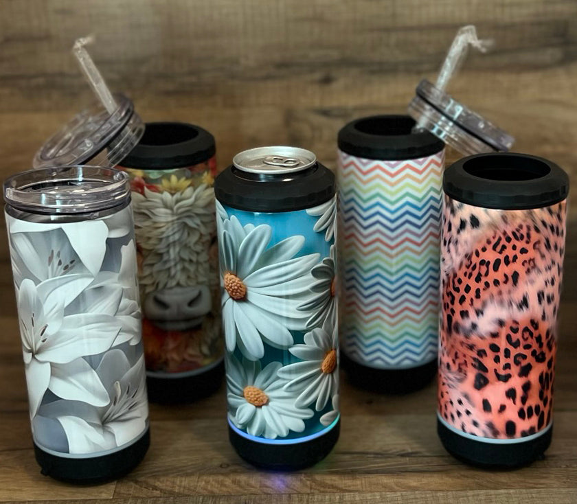 Can Cooler with Bluetooth Speaker - 4 in 1 - Aluminum - 14 oz tumbler - skinny cans - pop cans - bottles - daisies - cheetah - chevron - woodland and more