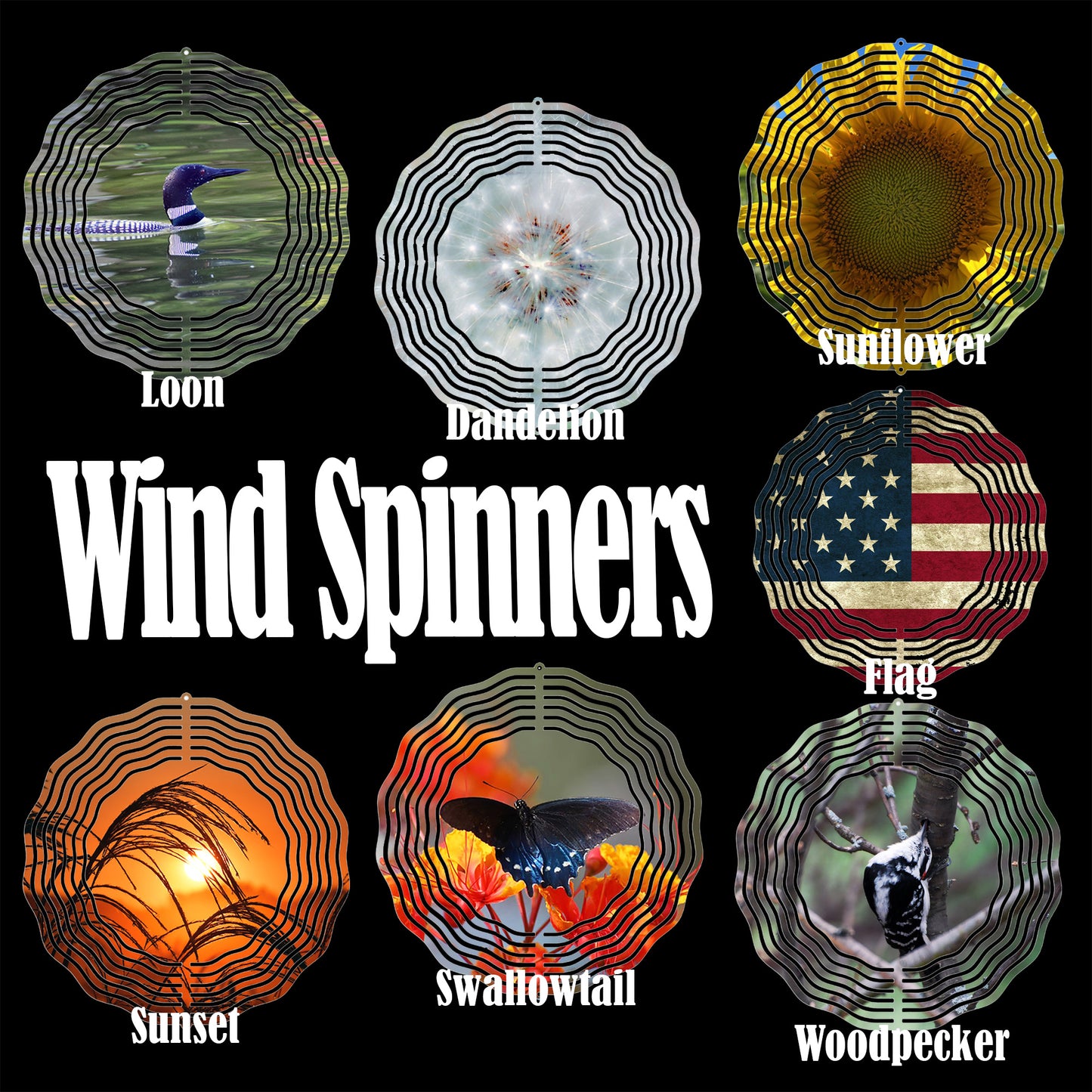 Wind Spinners - 10 Inch - Double Sided Image - Glass Jeweled Trail Included - Loons - Sunflowers - Butterflies - American Flag and more