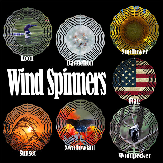 Wind Spinners - 10 Inch - Double Sided Image - Glass Jeweled Trail Included - Loons - Sunflowers - Butterflies - American Flag and more